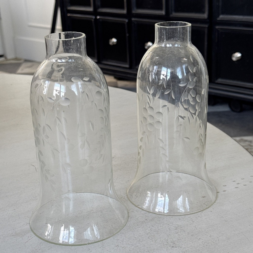 Set Of 2 Vintage Hurricane Candle, Lamp, Chandelier Shades Clear Etched Glass